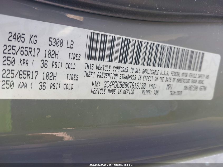 2019 Dodge Journey Se VIN: 3C4PDCBB8KT816138 Lot: 43943541