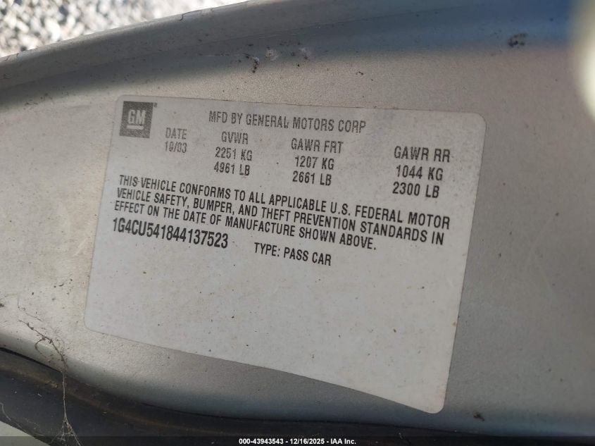 2004 Buick Park Avenue Ultra VIN: 1G4CU541844137523 Lot: 43943543
