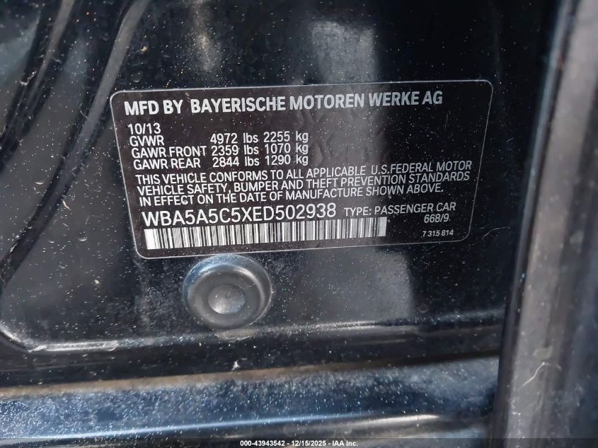 2014 BMW 528I VIN: WBA5A5C5XED502938 Lot: 43943542