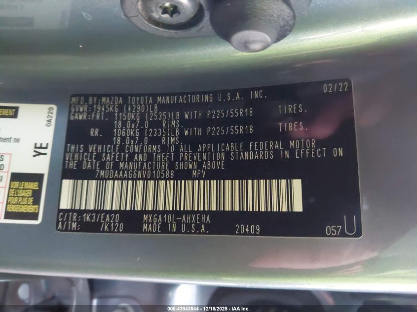 2022 Toyota Corolla Cross Xle VIN: 7MUDAAAG6NV010588 Lot: 43943544