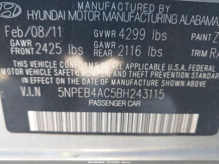 2011 Hyundai Sonata Gls VIN: 5NPEB4AC5BH243115 Lot: 43943548