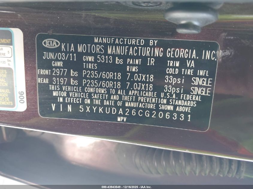 2012 Kia Sorento Ex V6 VIN: 5XYKUDA26CG206331 Lot: 43943549