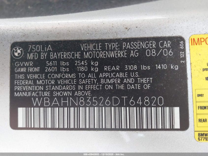 2006 BMW 750Li VIN: WBAHN83526DT64820 Lot: 43943553