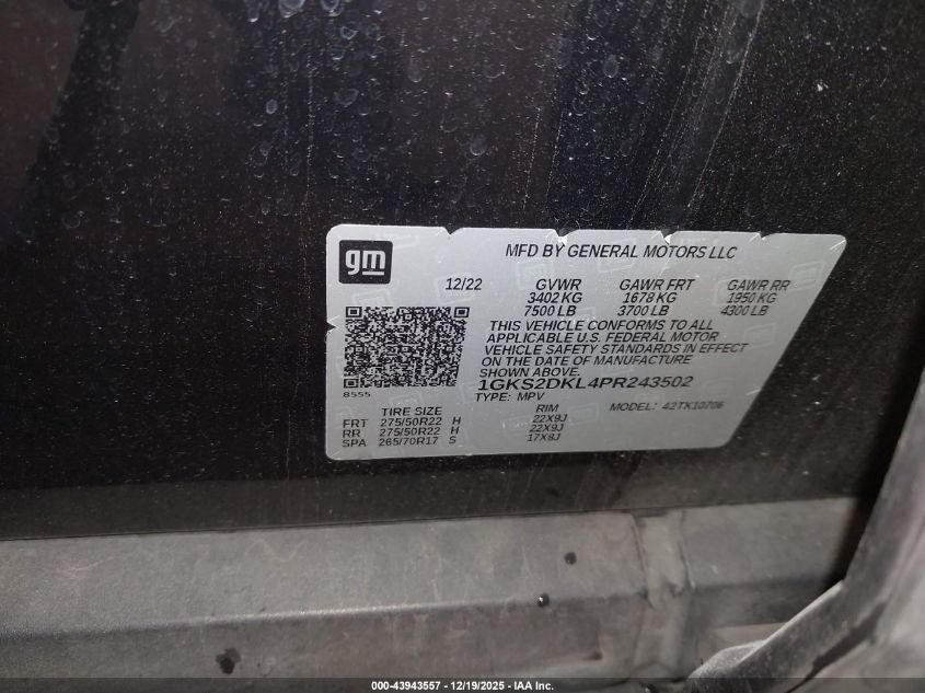 2023 GMC Yukon 4Wd Denali VIN: 1GKS2DKL4PR243502 Lot: 43943557