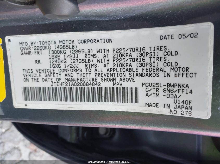 2002 Toyota Highlander Limited V6 VIN: JTEHF21A020084842 Lot: 43943558