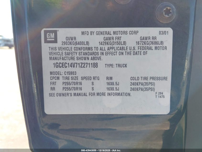 2001 Chevrolet Silverado 1500 VIN: 1GCEC14V71Z271188 Lot: 43943559