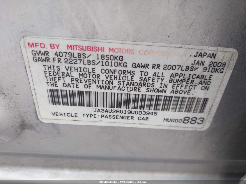 2009 Mitsubishi Lancer Es/Es-Sport VIN: JA3AU26U19U003945 Lot: 43943560