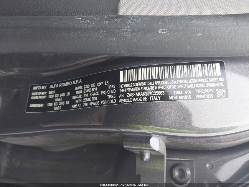 2018 Alfa Romeo Stelvio Awd VIN: ZASFAKAN2J7C25663 Lot: 43943561