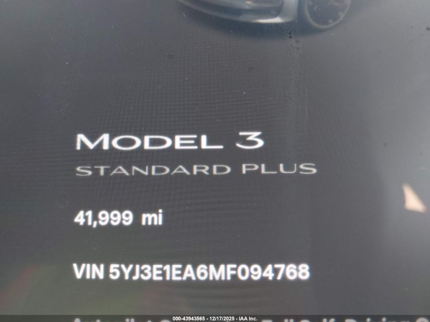 2021 Tesla Model 3 Standard Range Plus Rear-Wheel Drive VIN: 5YJ3E1EA6MF094768 Lot: 43943565