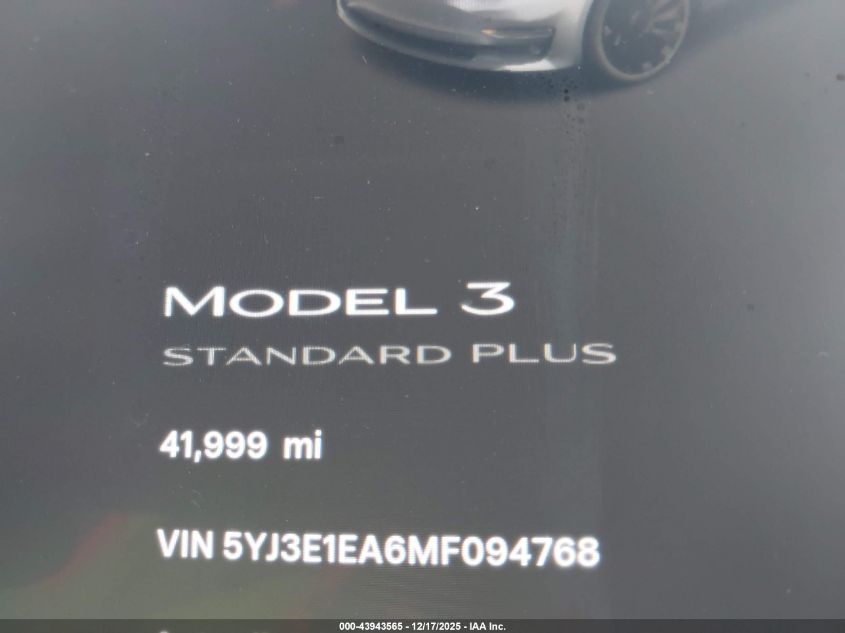2021 Tesla Model 3 Standard Range Plus Rear-Wheel Drive VIN: 5YJ3E1EA6MF094768 Lot: 43943565