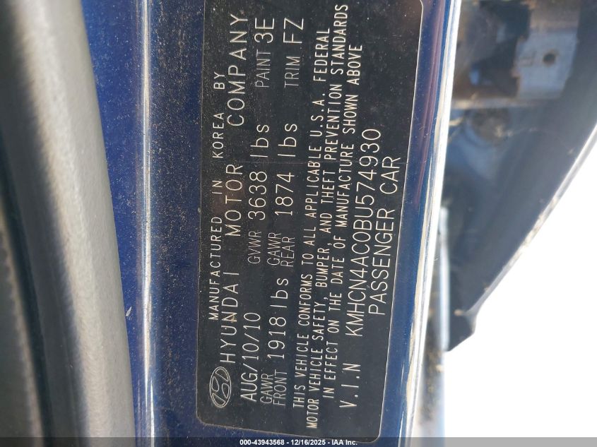 2011 Hyundai Accent Gls VIN: KMHCN4AC0BU574930 Lot: 43943568