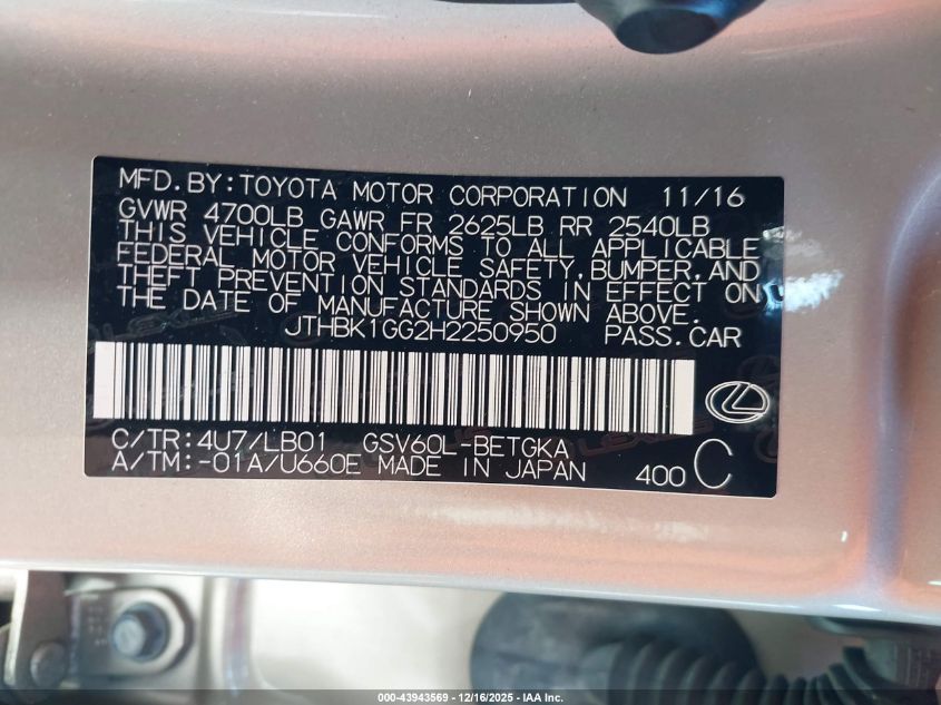 2017 Lexus Es 350 VIN: JTHBK1GG2H2250950 Lot: 43943569