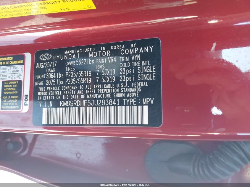 2018 Hyundai Santa Fe Se Ultimate VIN: KM8SRDHF5JU283841 Lot: 43943570
