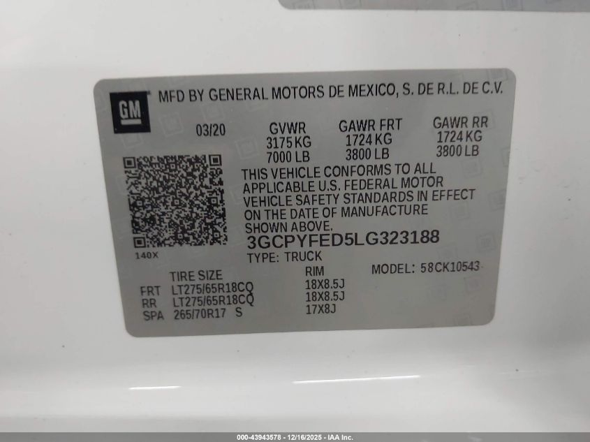 2020 Chevrolet Silverado 1500 4Wd Short Bed Lt Trail Boss VIN: 3GCPYFED5LG323188 Lot: 43943578