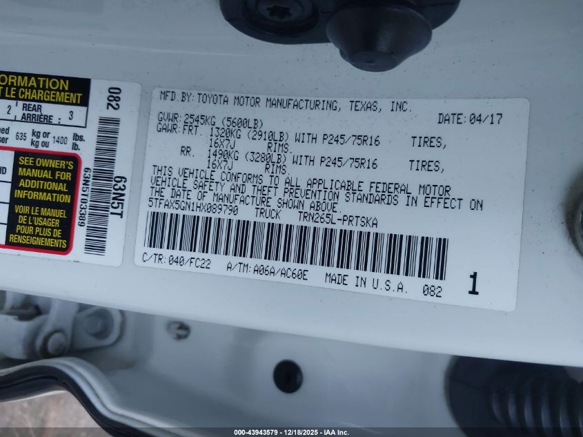 2017 Toyota Tacoma Sr5 VIN: 5TFAX5GN1HX089790 Lot: 43943579