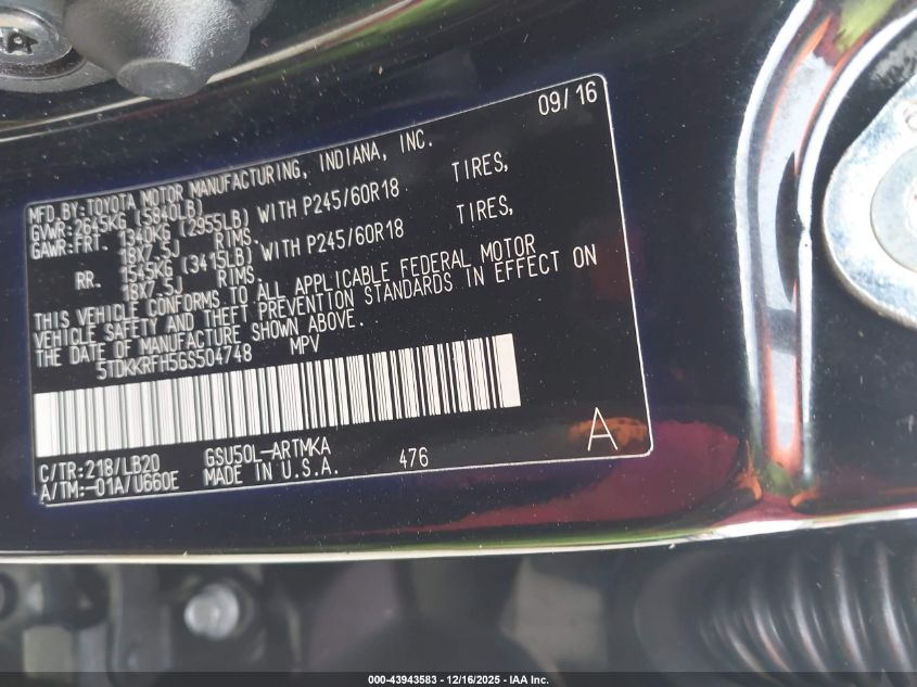 2016 Toyota Highlander Xle V6 VIN: 5TDKKRFH5GS504748 Lot: 43943583