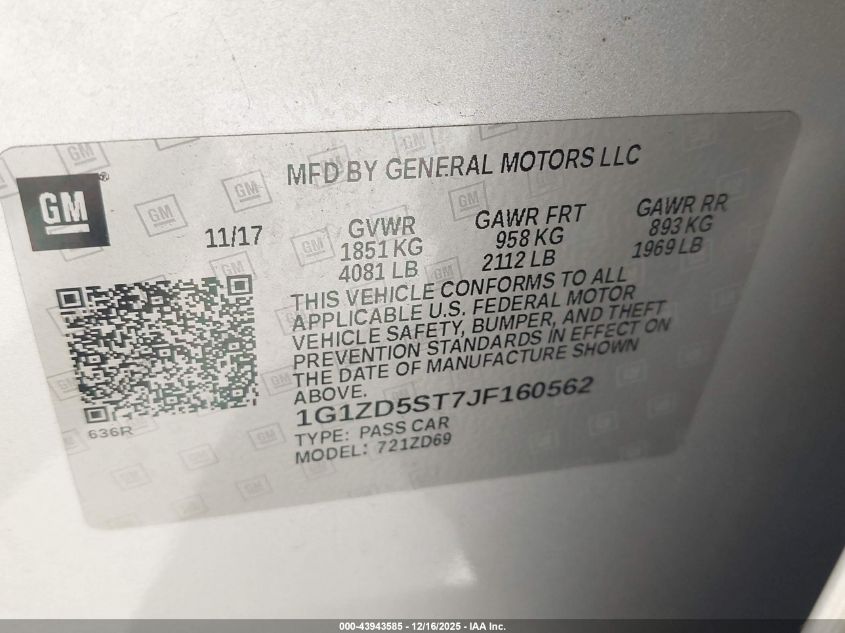 2018 Chevrolet Malibu Lt VIN: 1G1ZD5ST7JF160562 Lot: 43943585