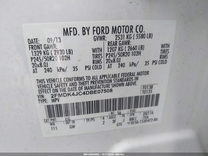 2013 Ford Edge Sel VIN: 2FMDK4JC4DBE07508 Lot: 43943589