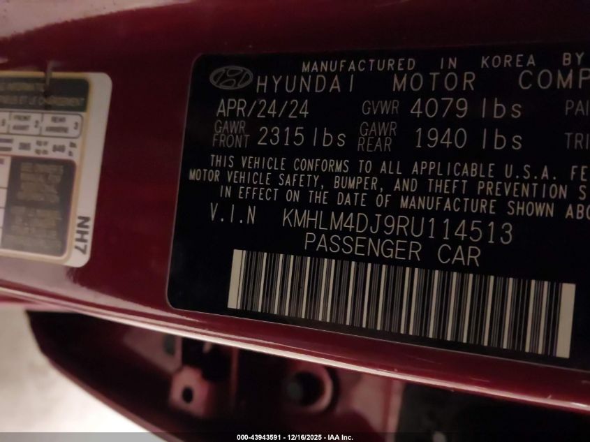 2024 Hyundai Elantra Hybrid Blue VIN: KMHLM4DJ9RU114513 Lot: 43943591