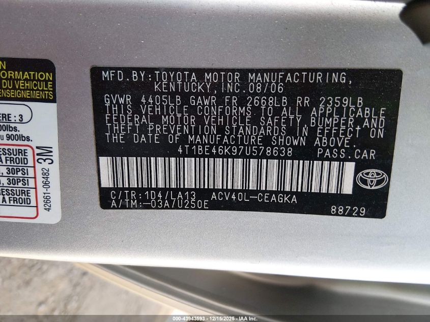 2007 Toyota Camry Xle VIN: 4T1BE46K97U578638 Lot: 43943593