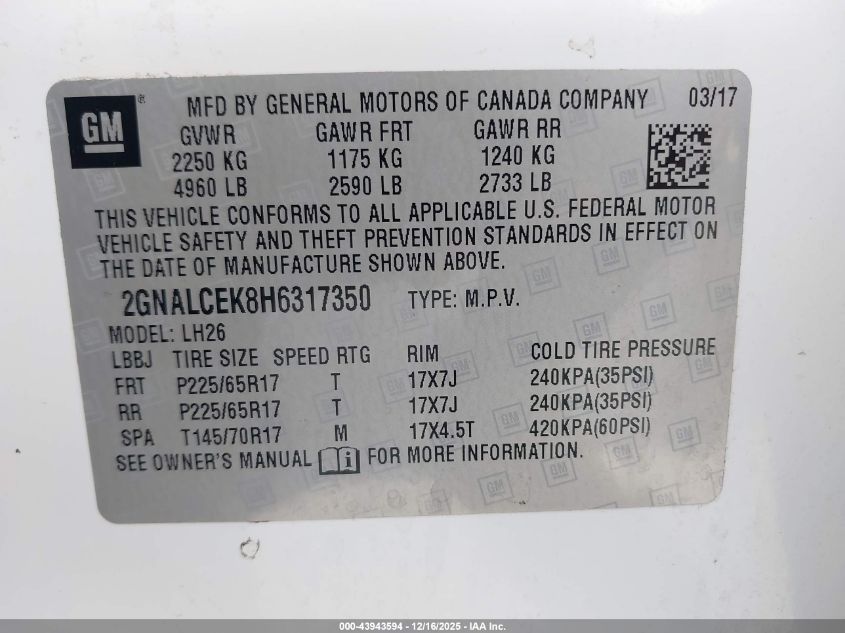 2017 Chevrolet Equinox Lt VIN: 2GNALCEK8H6317350 Lot: 43943594