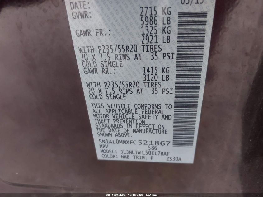 2015 Infiniti Qx60 VIN: 5N1AL0MMXFC521867 Lot: 43943595