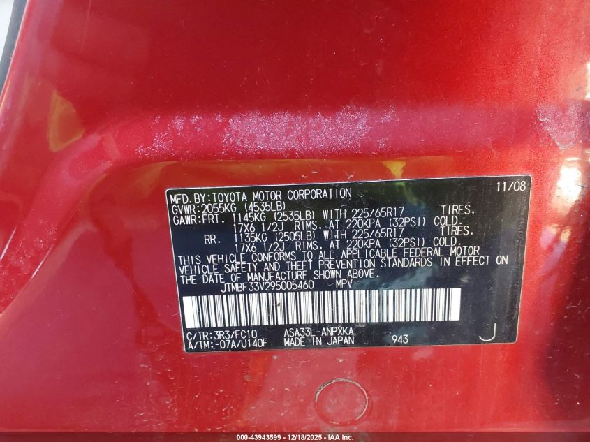2009 Toyota Rav4 VIN: JTMBF33V295005460 Lot: 43943599