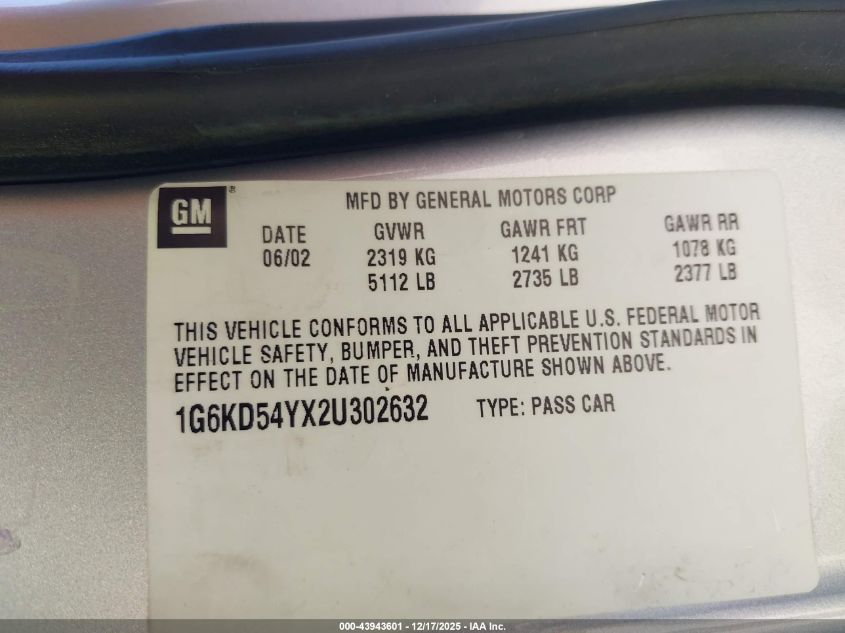 2002 Cadillac Deville Standard VIN: 1G6KD54YX2U302632 Lot: 43943601