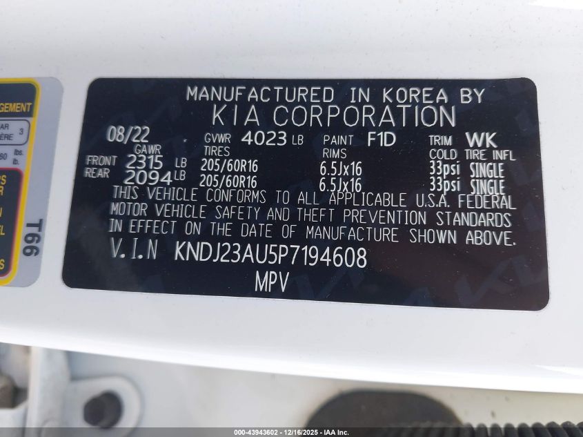 2023 Kia Soul S VIN: KNDJ23AU5P7194608 Lot: 43943602