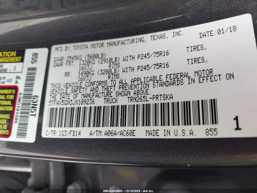 2018 Toyota Tacoma Sr VIN: 5TFAX5GN3JX109236 Lot: 43943605