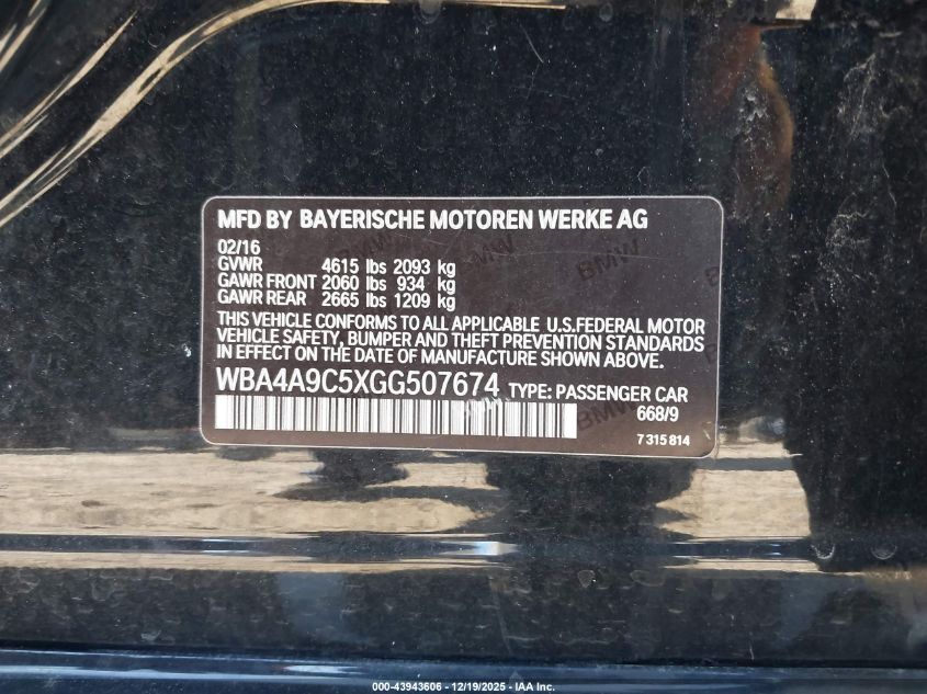 2016 BMW 428I Gran Coupe VIN: WBA4A9C5XGG507674 Lot: 43943606