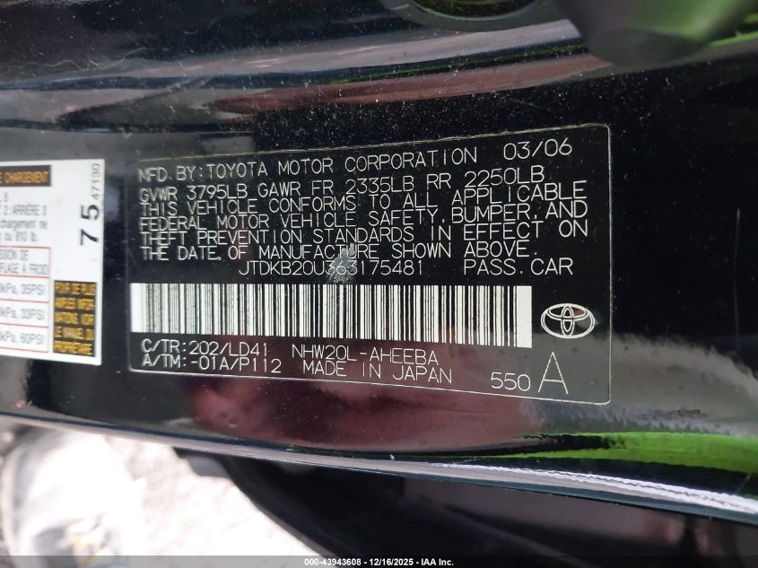 2006 Toyota Prius VIN: JTDKB20U363175481 Lot: 43943608