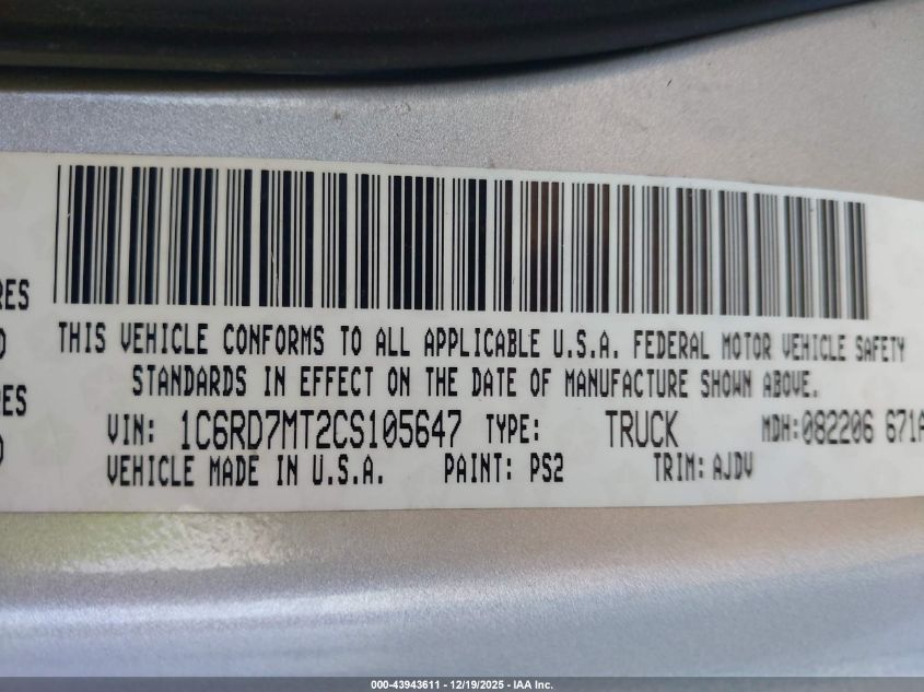 2012 Ram 1500 Sport VIN: 1C6RD7MT2CS105647 Lot: 43943611