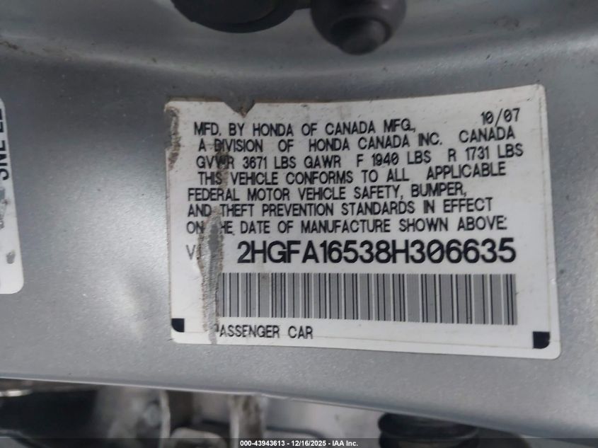 2008 Honda Civic Lx VIN: 2HGFA16538H306635 Lot: 43943613