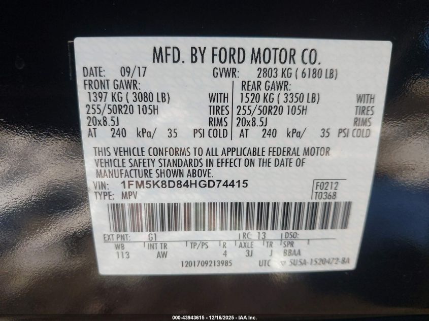 2017 Ford Explorer Xlt VIN: 1FM5K8D84HGD74415 Lot: 43943615