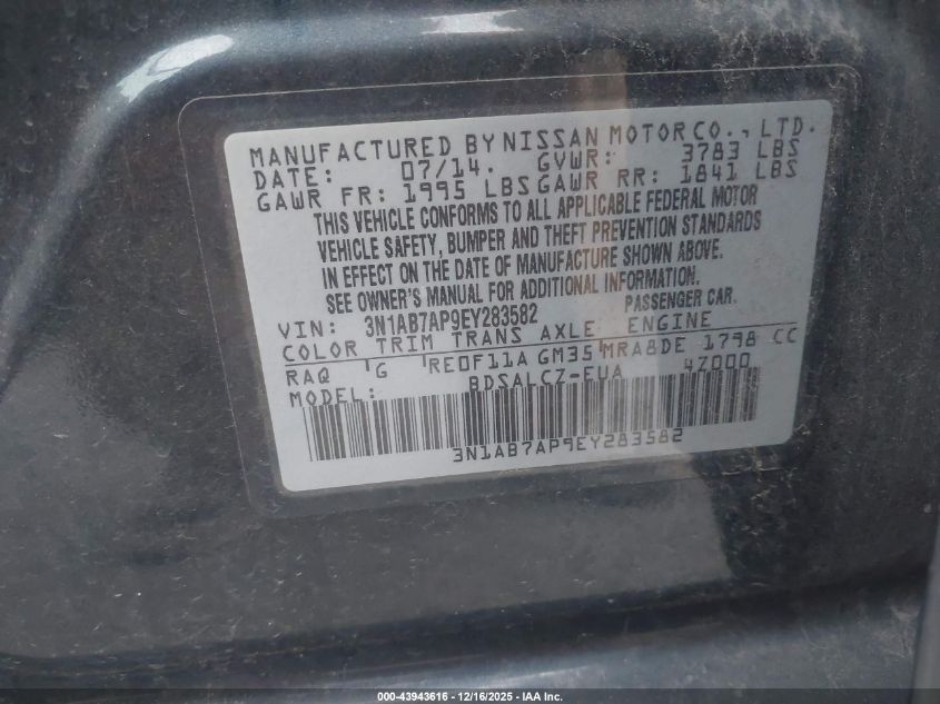 2014 Nissan Sentra S VIN: 3N1AB7AP9EY283582 Lot: 43943616