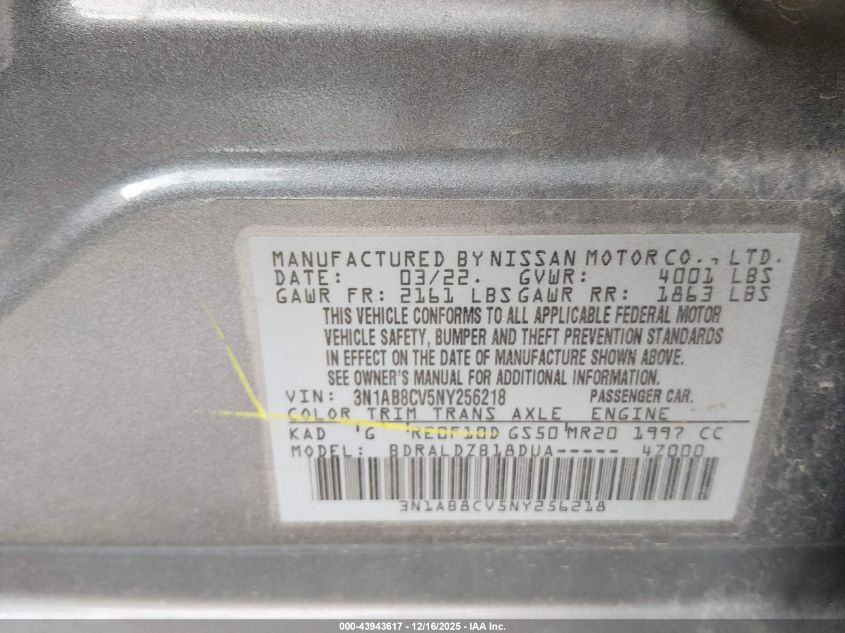 2022 Nissan Sentra Sv Xtronic Cvt VIN: 3N1AB8CV5NY256218 Lot: 43943617