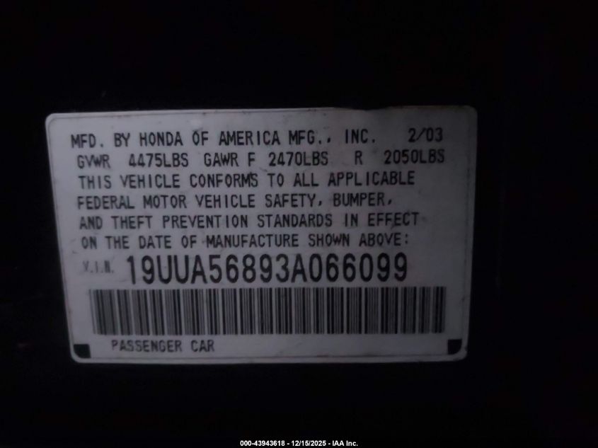 2003 Acura Tl 3.2 Type S VIN: 19UUA56893A066099 Lot: 43943618