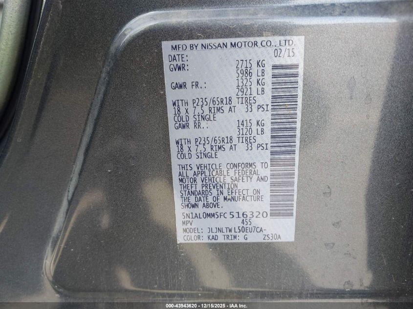 2015 Infiniti Qx60 VIN: 5N1AL0MM5FC516320 Lot: 43943620