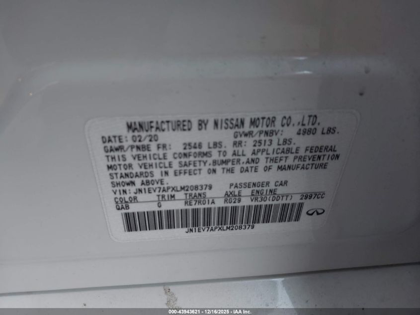 2020 Infiniti Q50 Luxe VIN: JN1EV7APXLM208379 Lot: 43943621