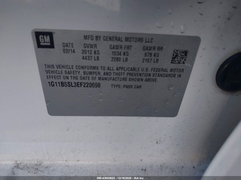 2014 Chevrolet Malibu 1Ls VIN: 1G11B5SL3EF220698 Lot: 43943622