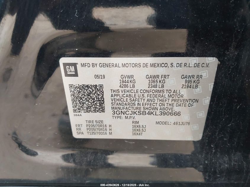 2019 Chevrolet Trax Ls VIN: 3GNCJKSB4KL390666 Lot: 43943626