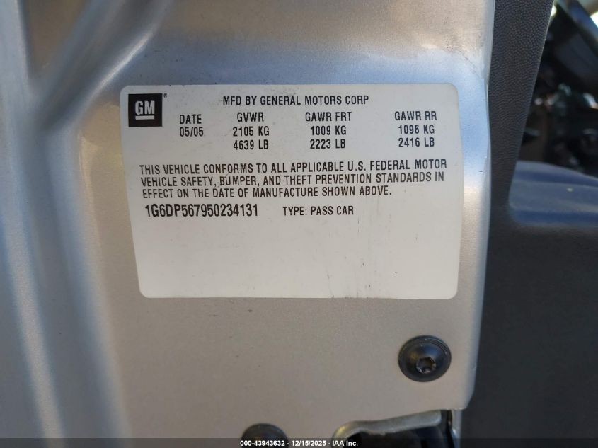2005 Cadillac Cts Standard VIN: 1G6DP567950234131 Lot: 43943632