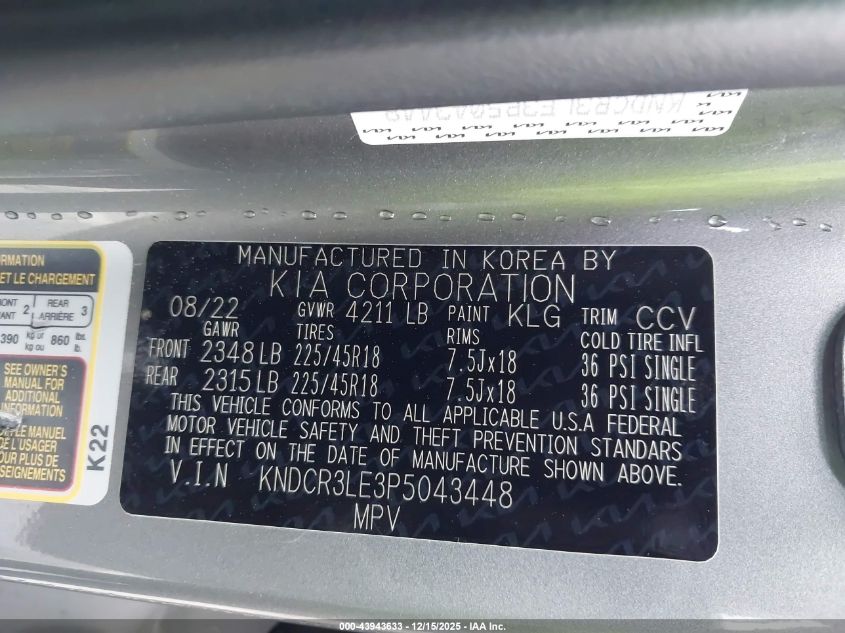 2023 Kia Niro Ex Touring VIN: KNDCR3LE3P5043448 Lot: 43943633