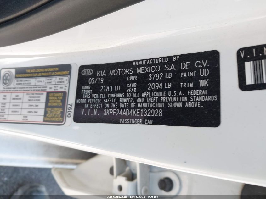 2019 Kia Forte Fe VIN: 3KPF24AD4KE132928 Lot: 43943635