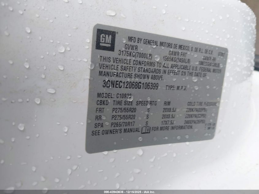 2008 Chevrolet Avalanche 1500 Ltz VIN: 3GNEC12068G106399 Lot: 43943636