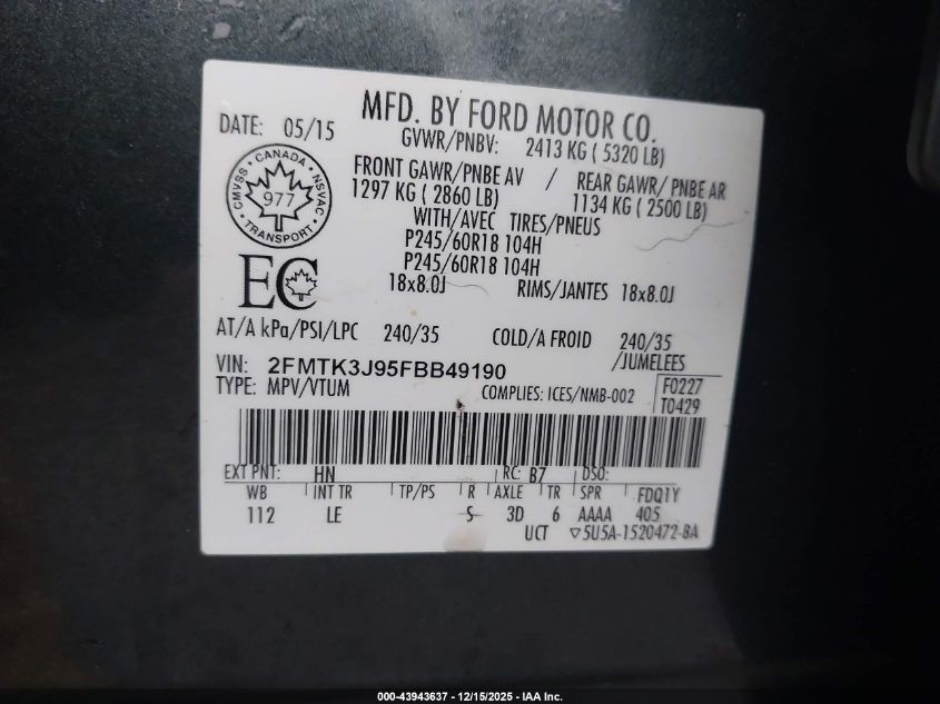 2015 Ford Edge Sel VIN: 2FMTK3J95FBB49190 Lot: 43943637