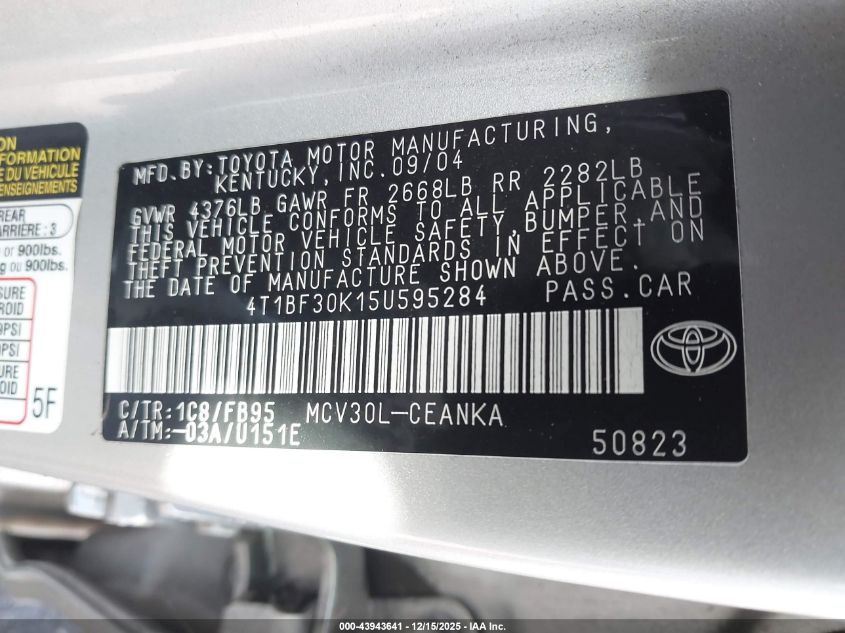 2005 Toyota Camry Le V6 VIN: 4T1BF30K15U595284 Lot: 43943641