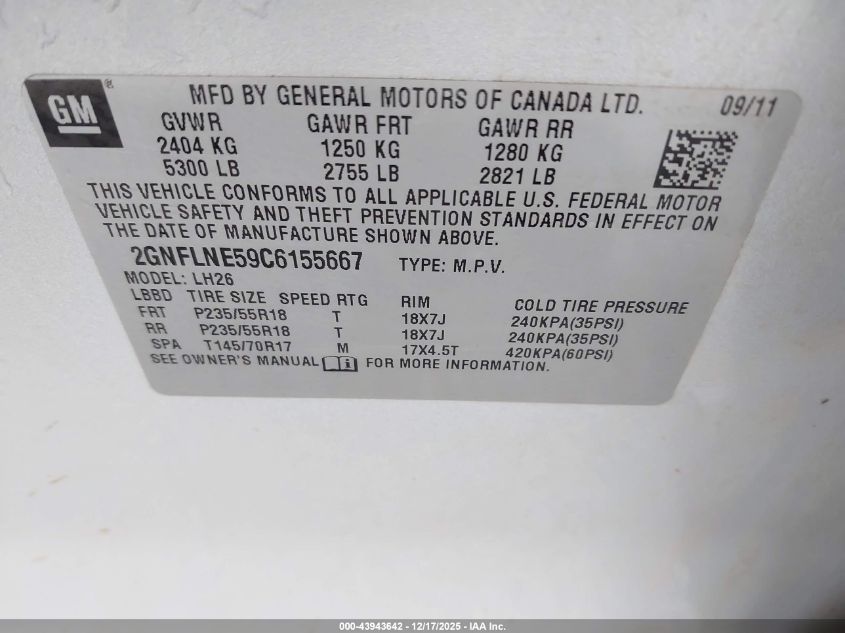 2012 Chevrolet Equinox 2Lt VIN: 2GNFLNE59C6155667 Lot: 43943642