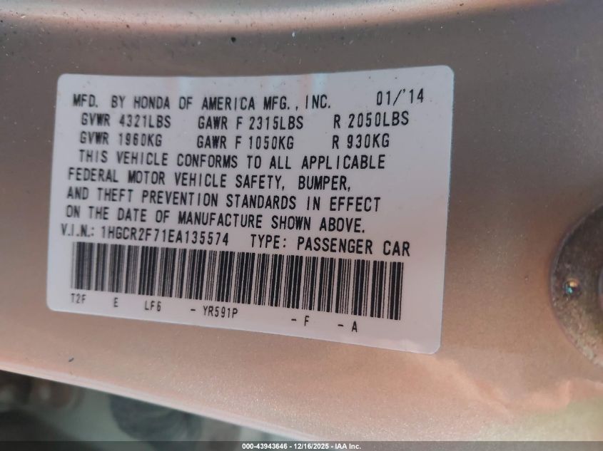2014 Honda Accord Ex VIN: 1HGCR2F71EA135574 Lot: 43943646